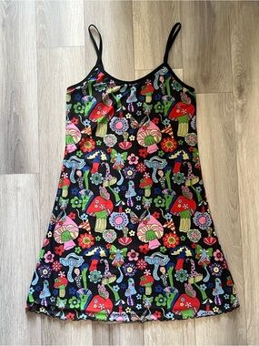 Current Mood Black Slip Dress with Colorful Floral & Mushroom Print